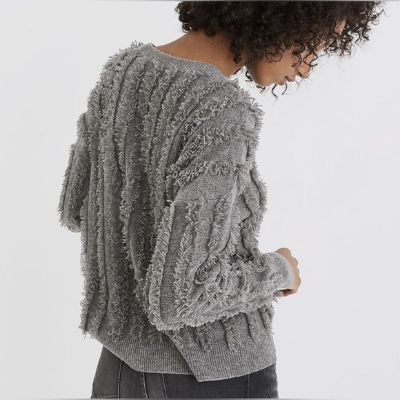 Madewell Fringe Pullover Sweater 100% Merino Wool Oversized Gray Women Sz M New - Picture 2 of 12